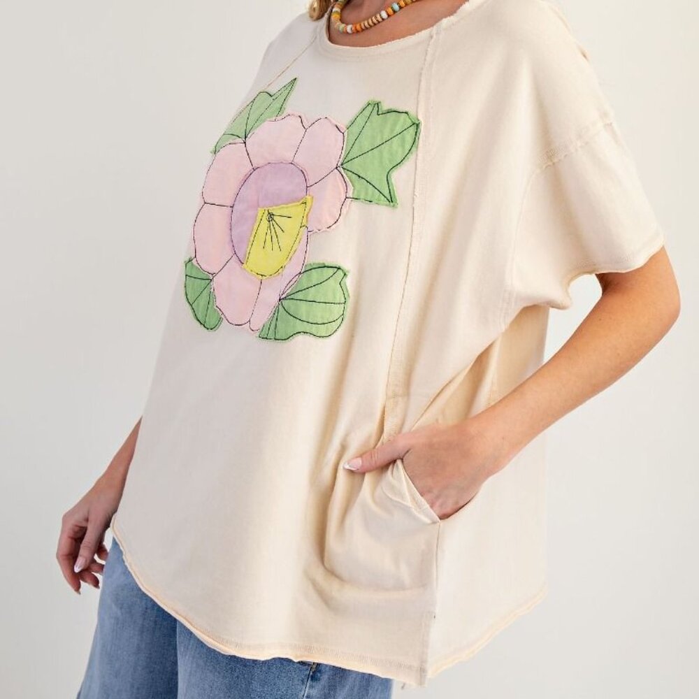 2-0411 EASEL flower Patch Cotton Mineral Washed Soft Top With Pockets Boutique - Picture 2 of 7